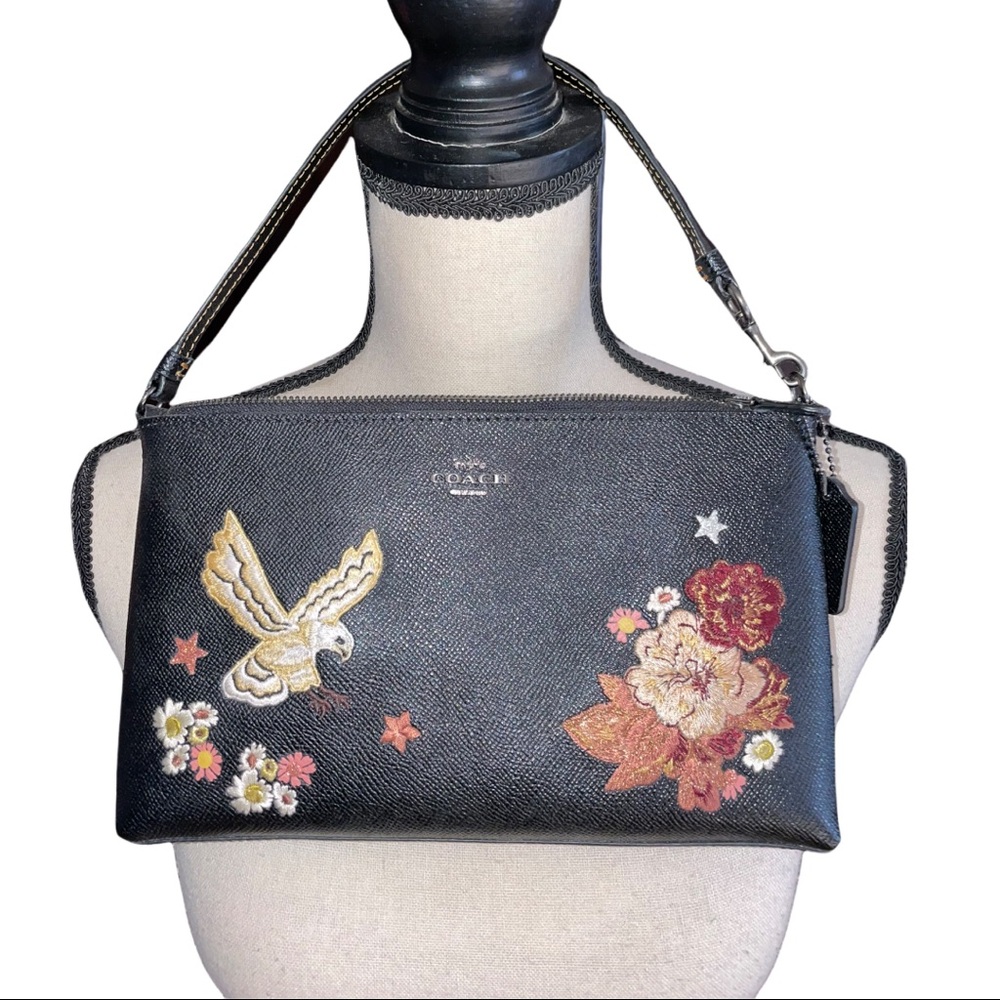 Coach Large Wristlet 25 Tattoo Embroidery Black Bird Floral Leather Rocker Stars